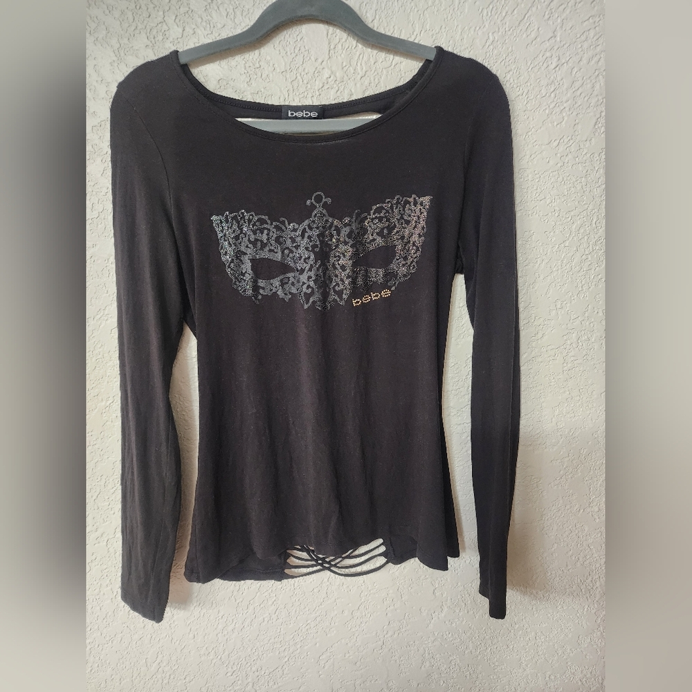 Bebe Womens Black Sparkle Long Sleeve Crew Neck Blouse Shirt Size Large Cut Out